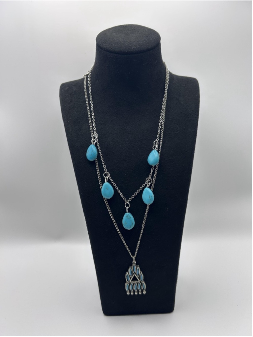 Necklace Silver Tone Layered Turquoise‎ Beaded Teardrop Pendant Bohemian 22 In